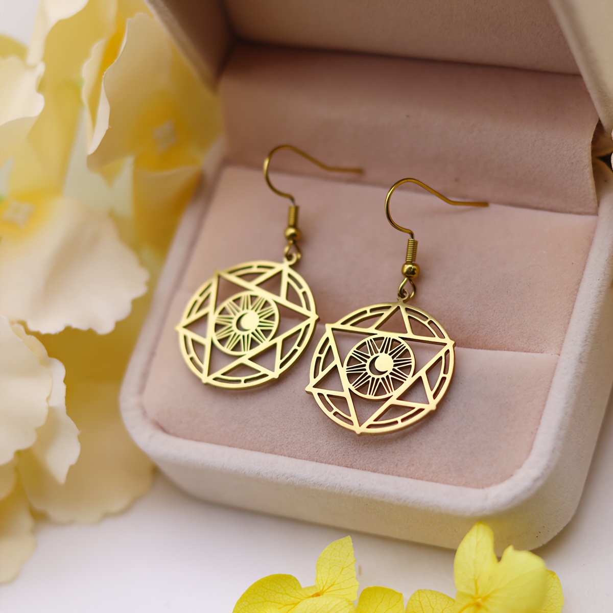 Stainless Steel Star of David & Crescent Sun Charms Earrings